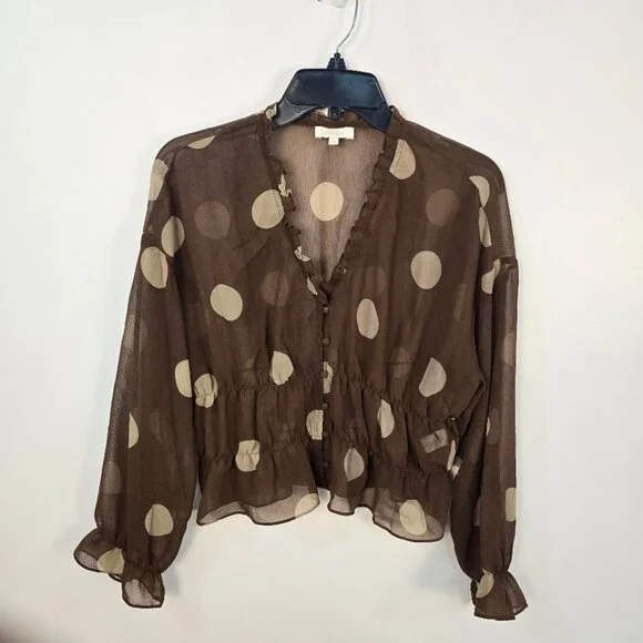 Parker Sheer Polka Dot Shirred Blouse Small - Picture 2 of 8